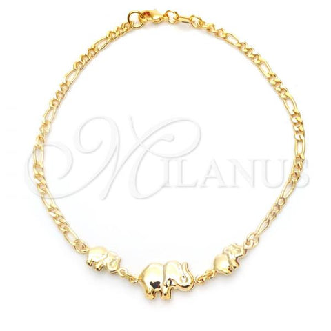 Oro Laminado Fancy Bracelet, Gold Filled Style Elephant and Figaro Design, Polished, Golden Finish, 03.32.0275.08