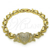 Oro Laminado Fancy Bracelet, Gold Filled Style Hugs and Kisses Design, with White Micro Pave, Polished, Golden Finish, 03.283.0261.07