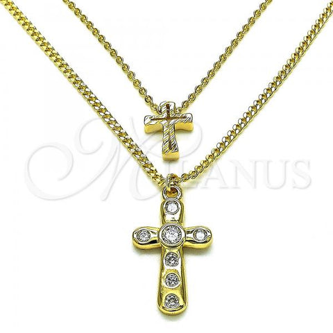 Oro Laminado Fancy Necklace, Gold Filled Style Cross and Rolo Design, with White Cubic Zirconia, Polished, Golden Finish, 04.213.0269.17