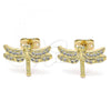 Oro Laminado Stud Earring, Gold Filled Style Dragon-Fly Design, with White Micro Pave, Polished, Golden Finish, 02.342.0072