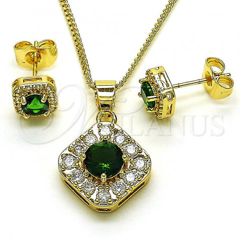 Oro Laminado Earring and Pendant Adult Set, Gold Filled Style with Green Cubic Zirconia and White Micro Pave, Polished, Golden Finish, 10.344.0016.5