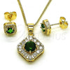 Oro Laminado Earring and Pendant Adult Set, Gold Filled Style with Green Cubic Zirconia and White Micro Pave, Polished, Golden Finish, 10.344.0016.5