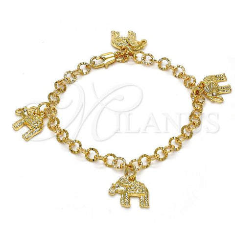 Oro Laminado Charm Bracelet, Gold Filled Style Elephant Design, with White Crystal, Diamond Cutting Finish, Golden Finish, 03.63.1794.07