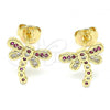 Oro Laminado Stud Earring, Gold Filled Style Dragon-Fly Design, with Ruby and White Micro Pave, Polished, Golden Finish, 02.156.0396.6