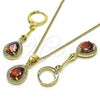 Oro Laminado Earring and Pendant Adult Set, Gold Filled Style Teardrop Design, with Garnet Cubic Zirconia and White Micro Pave, Polished, Golden Finish, 10.387.0006