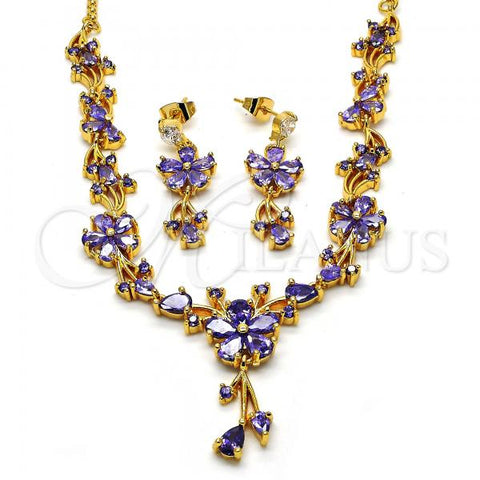 Oro Laminado Necklace and Earring, Gold Filled Style Flower and Teardrop Design, with Amethyst Cubic Zirconia, Polished, Golden Finish, 06.221.0016.1