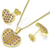 Oro Laminado Earring and Pendant Adult Set, Gold Filled Style Heart Design, with Ruby Micro Pave, Polished, Golden Finish, 10.156.0274.1