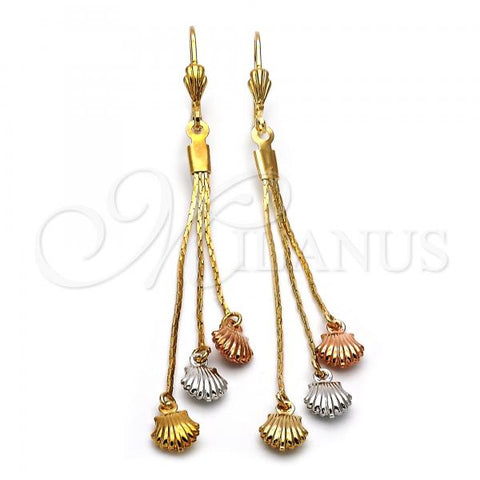 Oro Laminado Long Earring, Gold Filled Style Shell Design, Diamond Cutting Finish, Tricolor, 02.63.2110