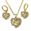 Oro Laminado Earring and Pendant Adult Set, Gold Filled Style Mom and Heart Design, with Garnet Cubic Zirconia and White Micro Pave, Polished, Golden Finish, 10.196.0067.2