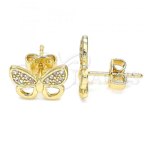 Oro Laminado Stud Earring, Gold Filled Style Butterfly Design, with White Micro Pave, Polished, Golden Finish, 02.94.0132