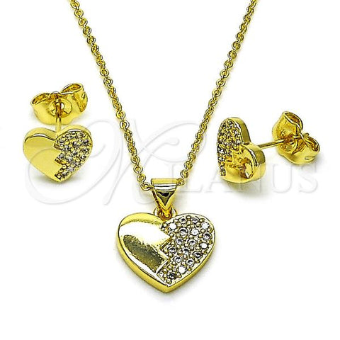 Oro Laminado Earring and Pendant Adult Set, Gold Filled Style Heart Design, with White Cubic Zirconia, Polished, Golden Finish, 10.156.0495