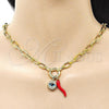 Oro Laminado Fancy Necklace, Gold Filled Style Chili and Evil Eye Design, with White Micro Pave and Blue Zircon Crystal, Polished, Golden Finish, 04.341.0238.18