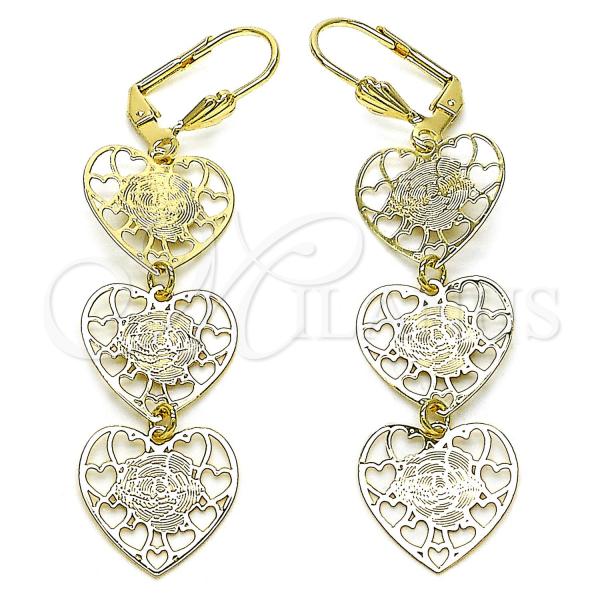 Oro Laminado Long Earring, Gold Filled Style Heart and Flower Design, Polished, Golden Finish, 5.095.009.1