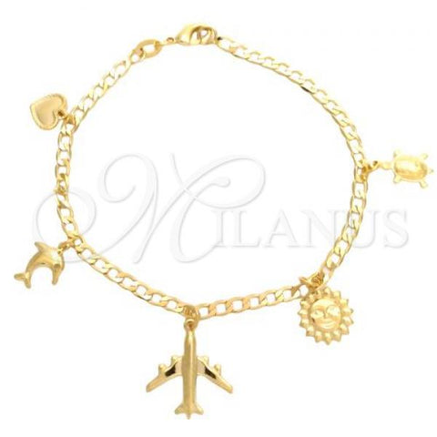 Oro Laminado Charm Bracelet, Gold Filled Style Turtle and Sun Design, Polished, Golden Finish, 03.58.0062.07