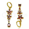 Oro Laminado Long Earring, Gold Filled Style Flower and Teardrop Design, with Garnet Cubic Zirconia, Polished, Golden Finish, 02.210.0825.2