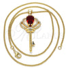 Oro Laminado Pendant Necklace, Gold Filled Style key Design, with Garnet Cubic Zirconia and White Micro Pave, Polished, Golden Finish, 04.156.0177.20