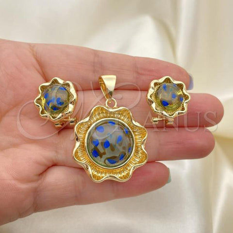 Oro Laminado Earring and Pendant Adult Set, Gold Filled Style Flower Design, with  Opal, Golden Finish, 10.91.0303