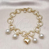 Oro Laminado Charm Bracelet, Gold Filled Style Heart and Ball Design, with Ivory Pearl and White Cubic Zirconia, Polished, Golden Finish, 03.331.0263.09