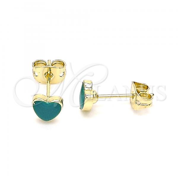 Oro Laminado Stud Earring, Gold Filled Style Heart Design, Green Enamel Finish, Golden Finish, 02.213.0292.3