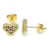 Oro Laminado Stud Earring, Gold Filled Style Heart Design, with Multicolor Micro Pave, Polished, Golden Finish, 02.156.0446.3