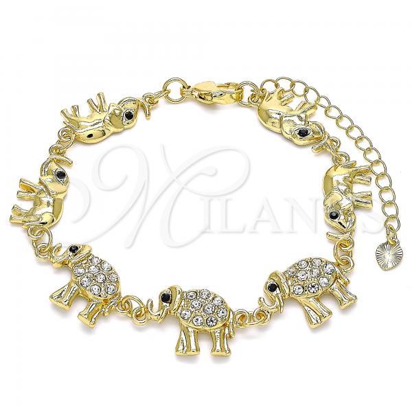 Oro Laminado Fancy Bracelet, Gold Filled Style Elephant Design, with White and Black Crystal, Polished, Golden Finish, 03.380.0036.07