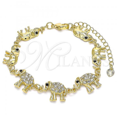 Oro Laminado Fancy Bracelet, Gold Filled Style Elephant Design, with White and Black Crystal, Polished, Golden Finish, 03.380.0036.07