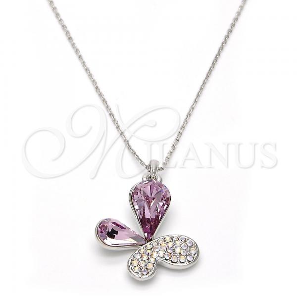 Rhodium Plated Pendant Necklace, Butterfly Design, with Violet and Aurore Boreale Swarovski Crystals, Polished, Rhodium Finish, 04.239.0043.3.18