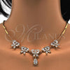 Oro Laminado Necklace and Earring, Gold Filled Style Flower and Teardrop Design, with White Cubic Zirconia, Polished, Golden Finish, 06.205.0003