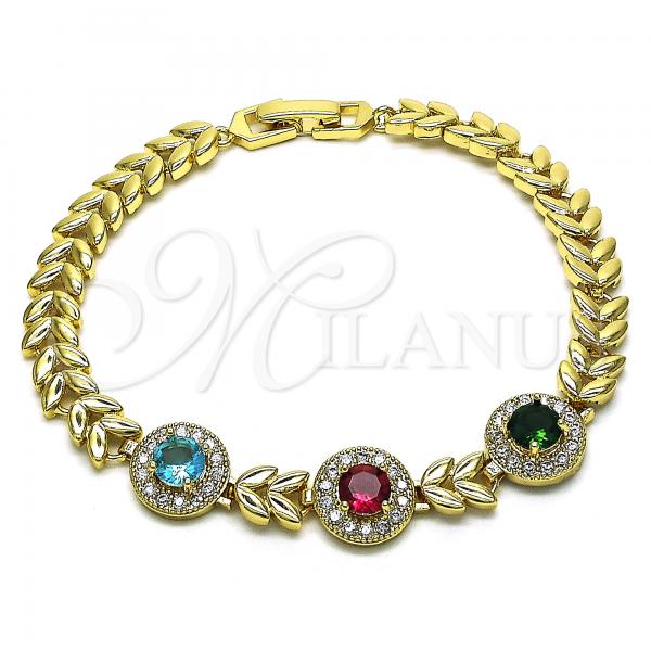 Oro Laminado Fancy Bracelet, Gold Filled Style Leaf Design, with Multicolor Cubic Zirconia, Polished, Golden Finish, 03.283.0291.08