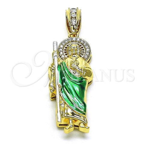 Oro Laminado Religious Pendant, Gold Filled Style San Judas Design, with White Micro Pave and White Cubic Zirconia, Polished, Tricolor, 05.411.0003.1