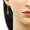 Oro Laminado Long Earring, Gold Filled Style Baguette Design, with Garnet and Amethyst Cubic Zirconia, Polished, Golden Finish, 02.357.0070