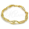 Oro Laminado Fancy Bracelet, Gold Filled Style Greek Key and Teardrop Design, with White Crystal, Polished, Golden Finish, 03.59.0058.08