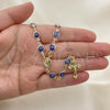 Oro Laminado Medium Rosary, Gold Filled Style Guadalupe and Evil Eye Design, Blue Resin Finish, Golden Finish, 09.63.0107.3.18
