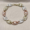 Oro Laminado Fancy Bracelet, Gold Filled Style Puff Mariner and Guadalupe Design, Polished, Tricolor, 03.411.0078.08