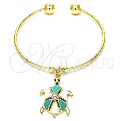 Oro Laminado Individual Bangle, Gold Filled Style Turtle Design, with White Crystal, Turquoise Enamel Finish, Golden Finish, 07.63.0204 (02 MM Thickness, One size fits all)