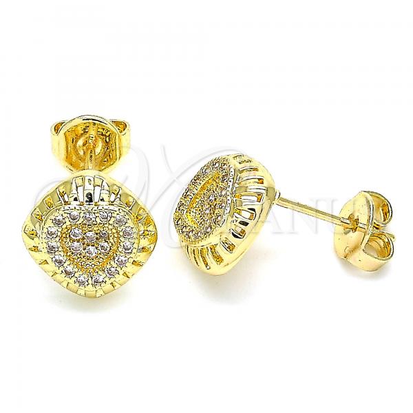 Oro Laminado Stud Earring, Gold Filled Style Heart Design, with White Micro Pave, Polished, Golden Finish, 02.156.0472