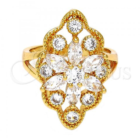 Oro Laminado Multi Stone Ring, Gold Filled Style Flower Design, with White Cubic Zirconia, Polished, Golden Finish, 01.210.0015.08 (Size 8)