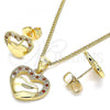 Oro Laminado Earring and Pendant Adult Set, Gold Filled Style Heart Design, with White Micro Pave, Polished, Golden Finish, 10.156.0279.1