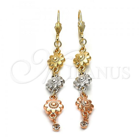 Oro Laminado Long Earring, Gold Filled Style Flower Design, with White Cubic Zirconia, Diamond Cutting Finish, Tricolor, 5.065.012
