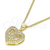 Oro Laminado Pendant Necklace, Gold Filled Style Heart and Bow Design, with White Micro Pave, Polished, Golden Finish, 04.156.0462.20