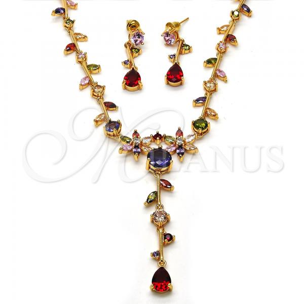 Oro Laminado Necklace and Earring, Gold Filled Style Flower and Leaf Design, with Multicolor Cubic Zirconia, Polished, Golden Finish, 06.205.0002.1