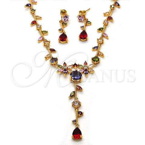 Oro Laminado Necklace and Earring, Gold Filled Style Flower and Leaf Design, with Multicolor Cubic Zirconia, Polished, Golden Finish, 06.205.0002.1