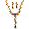 Oro Laminado Necklace and Earring, Gold Filled Style Flower and Leaf Design, with Multicolor Cubic Zirconia, Polished, Golden Finish, 06.205.0002.1
