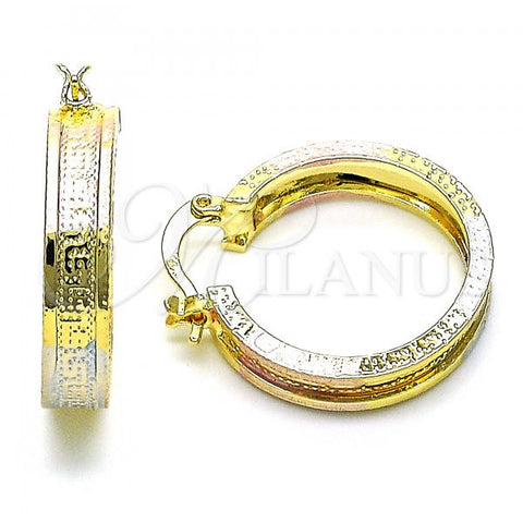 Oro Laminado Small Hoop, Gold Filled Style Greek Key Design, Diamond Cutting Finish, Tricolor, 02.170.0203.1.25