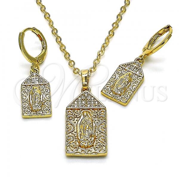 Oro Laminado Earring and Pendant Adult Set, Gold Filled Style Guadalupe and Cross Design, with White Micro Pave, Polished, Golden Finish, 10.196.0071