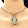 Oro Laminado Religious Pendant, Gold Filled Style Guadalupe Design, with White Crystal, Polished, Golden Finish, 05.351.0148