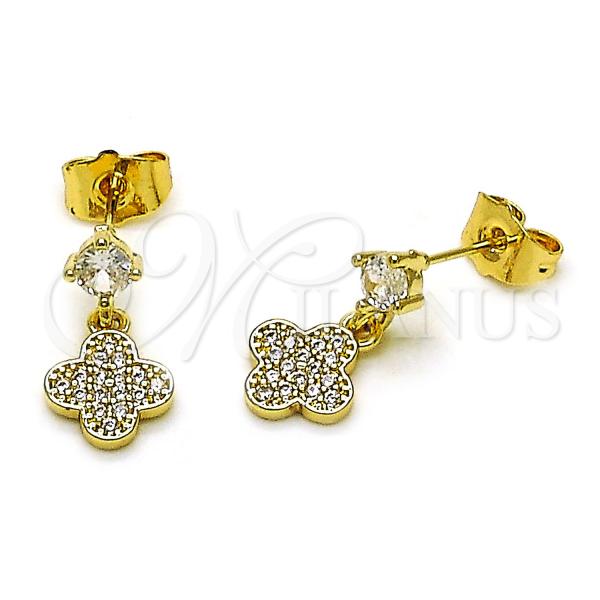 Oro Laminado Stud Earring, Gold Filled Style Four-leaf Clover Design, with White Cubic Zirconia, Polished, Golden Finish, 02.283.0149