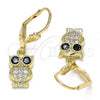 Oro Laminado Dangle Earring, Gold Filled Style Owl Design, with Black and White Micro Pave, Polished, Golden Finish, 02.210.0348