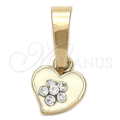 Oro Laminado Fancy Pendant, Gold Filled Style Heart and Flower Design, with White Crystal, White Enamel Finish, Golden Finish, 05.163.0081.5