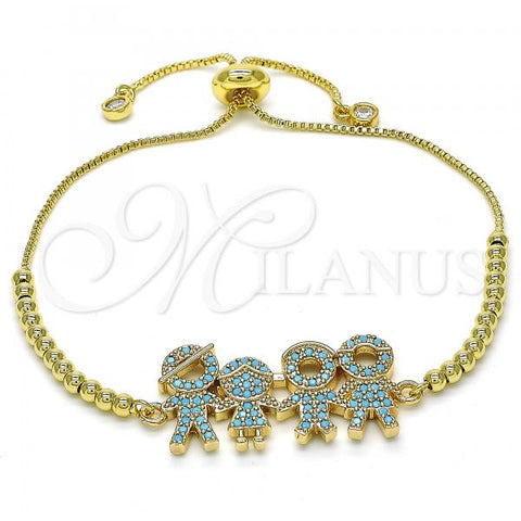 Oro Laminado Adjustable Bolo Bracelet, Gold Filled Style Little Boy and Little Girl Design, with Turquoise Micro Pave, Polished, Golden Finish, 03.316.0042.11